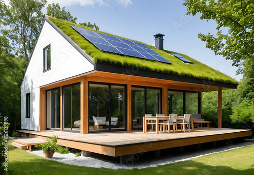 A sustainable house with a green roof, solar panels, large windows, and a white exterior, surrounded by trees, showcasing eco-friendly design. photo