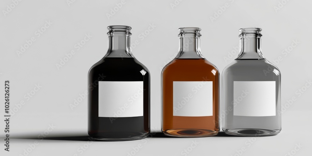 Three Glass Bottles with Blank Labels for Versatile Product Mockup Three Glass Bottles with Blank Labels for Versatile Product Mockup