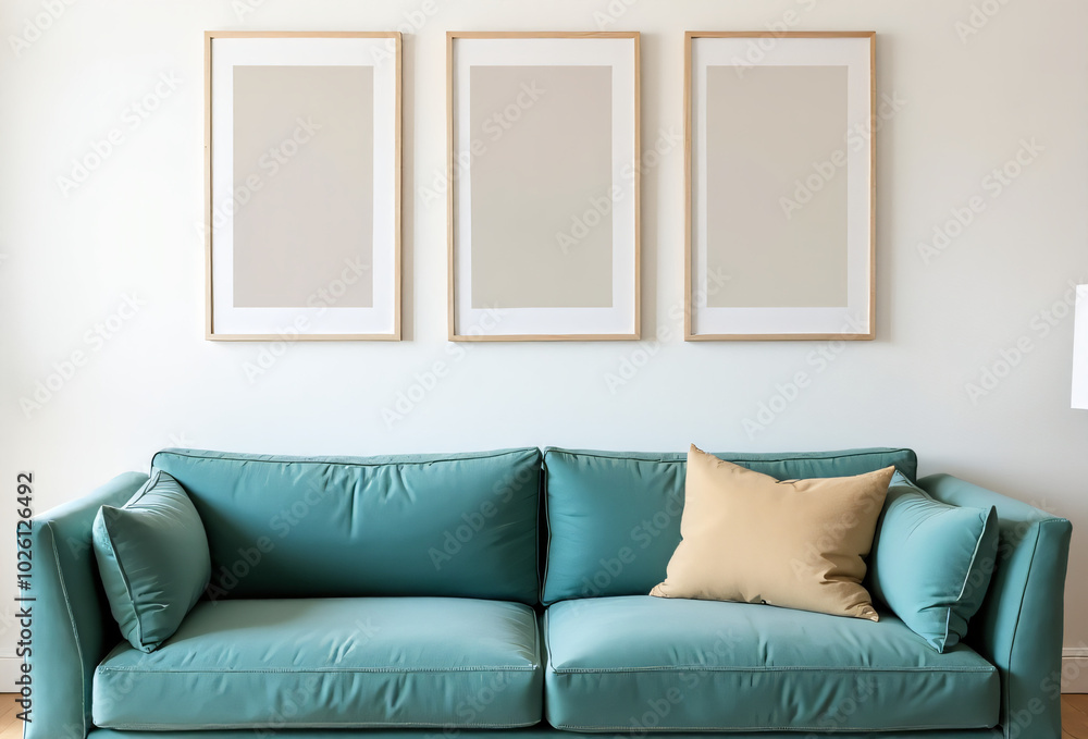 A teal sofa with a beige pillow beneath framed posters on a white wall. Scandinavian style modern living room._00001_ A teal sofa with a beige pillow beneath framed posters on a white wall. Scandinavian style modern living room._00001_