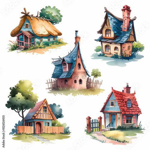 set of village houses , set of watercolor decal clipart. Isolated on white background
 photo