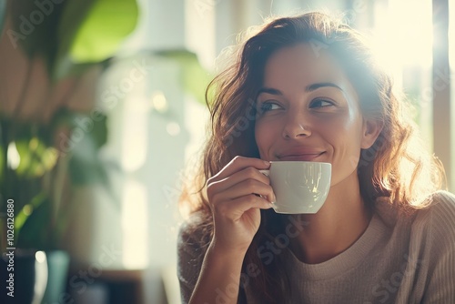 Cozy Woman Enjoying Coffee in Natural Light