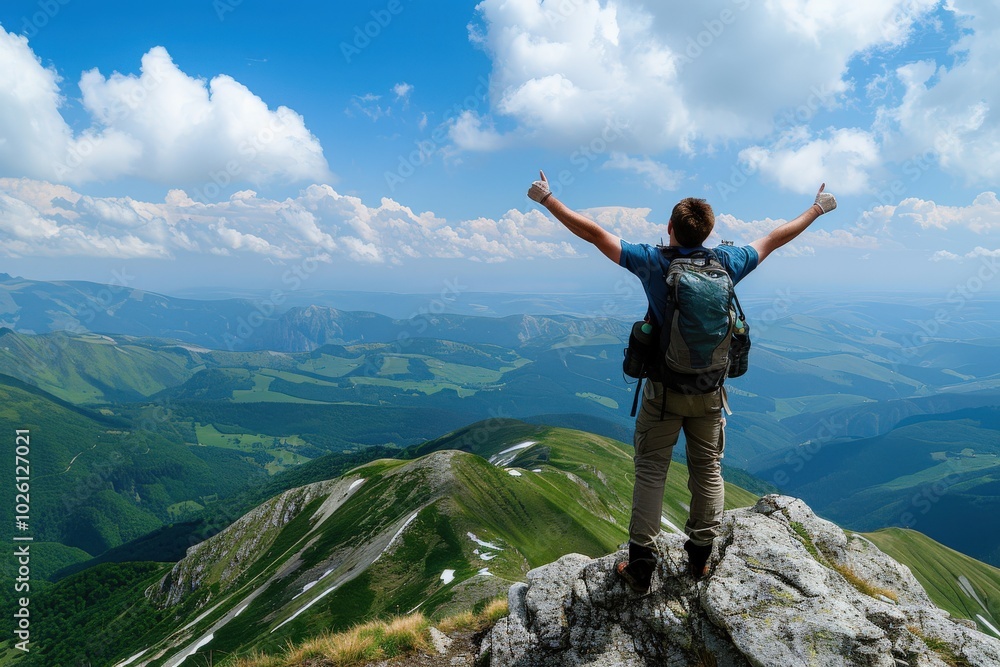 A man is standing on a mountain top, looking out at the beautiful landscape, generative ai image A man is standing on a mountain top, looking out at the beautiful landscape, generative ai image