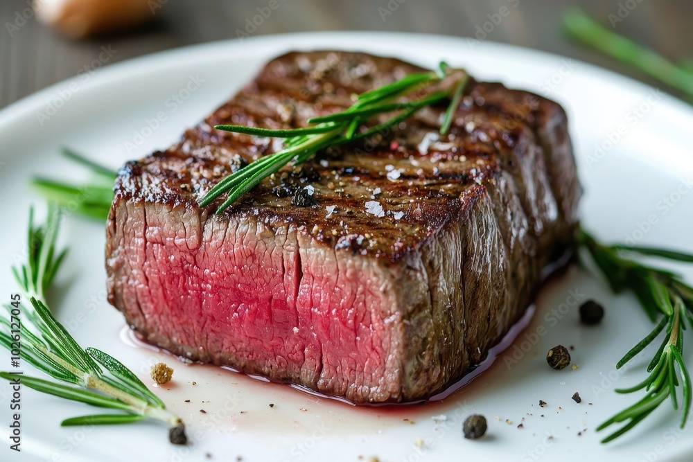 Juicy Medium Rare Filet Mignon on Elegant White Plate Juicy Medium Rare Filet Mignon on Elegant White Plate