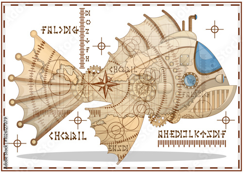 Fantastic submarine in the shape of a fish. Double exposure. Side view. Vector illustration.