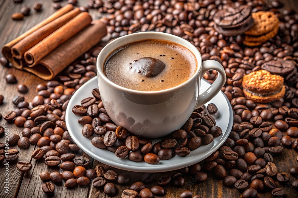 Fototapeta premium Fresh Coffee cup and coffee bean packet on the table