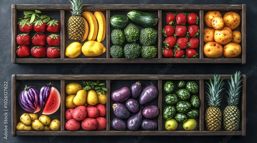 A wooden crate divided into compartments and filled with a variety of fresh fruits and vegetables. A wooden crate divided into compartments and filled with a variety of fresh fruits and vegetables.