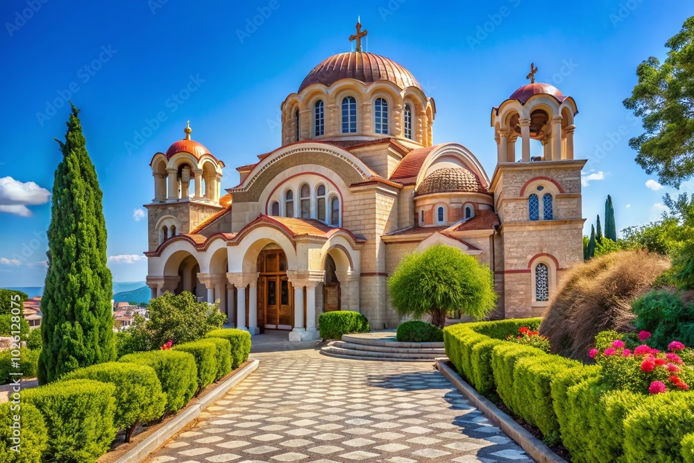 Obraz premium Panoramic View of Greek Orthodox Church with Blue Sky Background for Stunning Landscape Photography