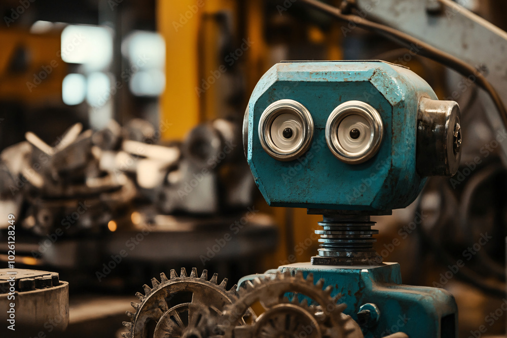 A cute robot with large metallic eyes and a blue body surrounded by gears in a workshop setting
A cute robot with large metallic eyes and a blue body surrounded by gears in a workshop setting