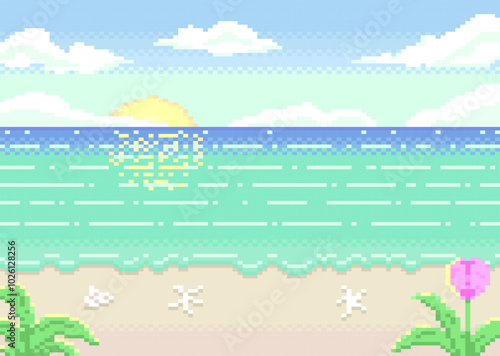 Sea and beach in morning with sunrise on blue sky background in pixel style.