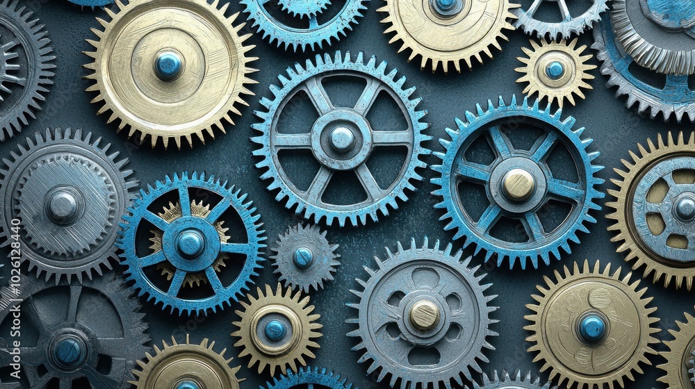 Sleek industrial design with metallic interlocking gears in a minimalist pattern, set against a solid background for striking contrast. Sleek industrial design with metallic interlocking gears in a minimalist pattern, set against a solid background for striking contrast.