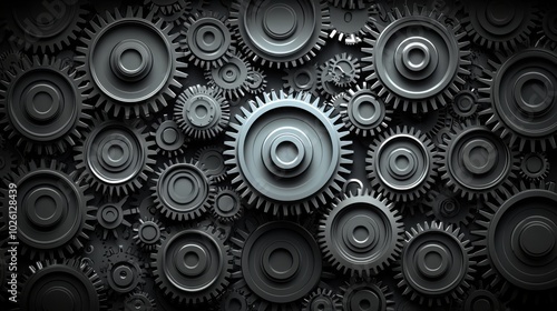 Sleek, modern industrial design of interlocking metallic gears in overlapping pattern on solid background. Smooth, interconnected motion. 