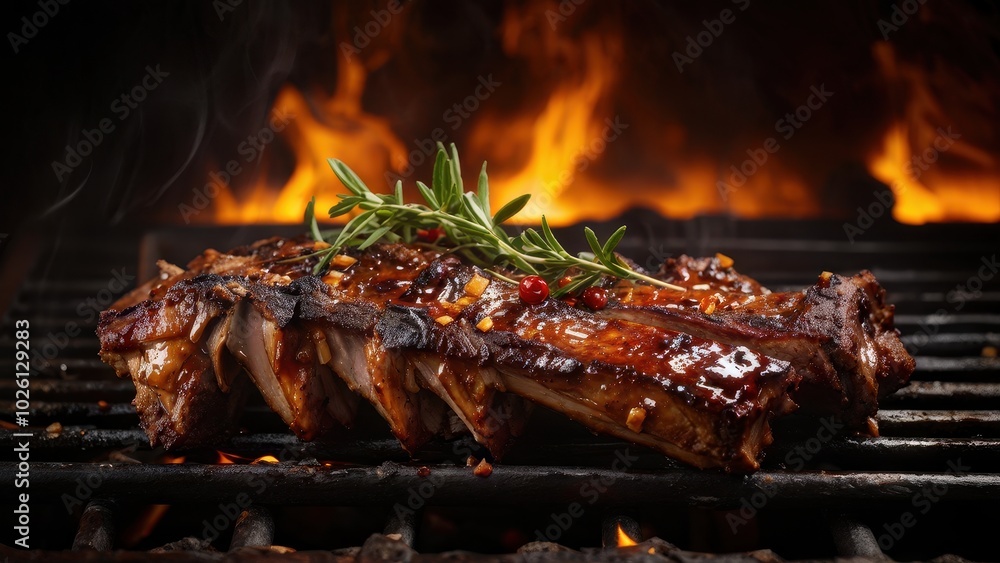 A succulent grilled rack of ribs garnished with herbs, showcasing a smoky barbecue setting. A succulent grilled rack of ribs garnished with herbs, showcasing a smoky barbecue setting.