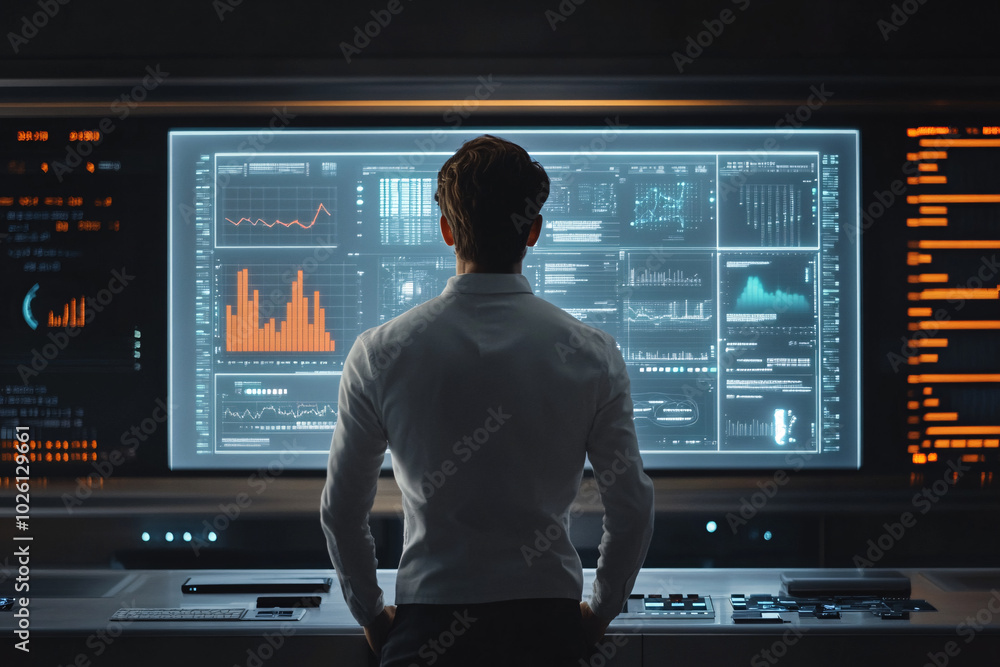 Futuristic Data Center: A Man Analyzes Data on a Large Screen Futuristic Data Center: A Man Analyzes Data on a Large Screen