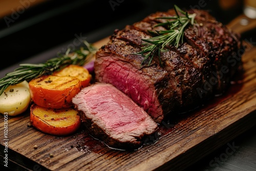 Sliced Medium Rare Beef Roast on Wooden Board