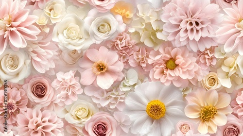 A vibrant array of soft pink and white flowers, showcasing intricate petals and delicate hues, perfect for floral themes and designs.
