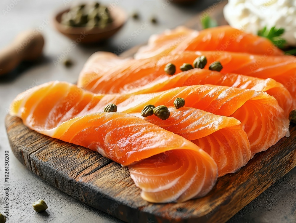 Fresh Smoked Salmon Slices on Wooden Board Presentation Fresh Smoked Salmon Slices on Wooden Board Presentation
