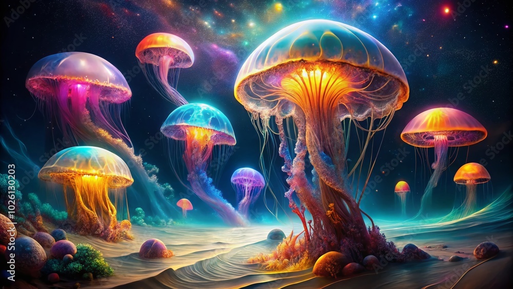 Psychedelic Jellyfish in Night Photography: A Mesmerizing Underwater Experience Psychedelic Jellyfish in Night Photography: A Mesmerizing Underwater Experience