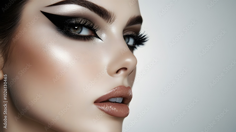 Fototapeta premium A close-up of a striking beauty look featuring bold eyeliner, highlighted skin, and glossy lips, showcasing dramatic makeup artistry.