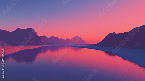 A stunning sunset over a calm lake with distant mountains reflecting in the water.