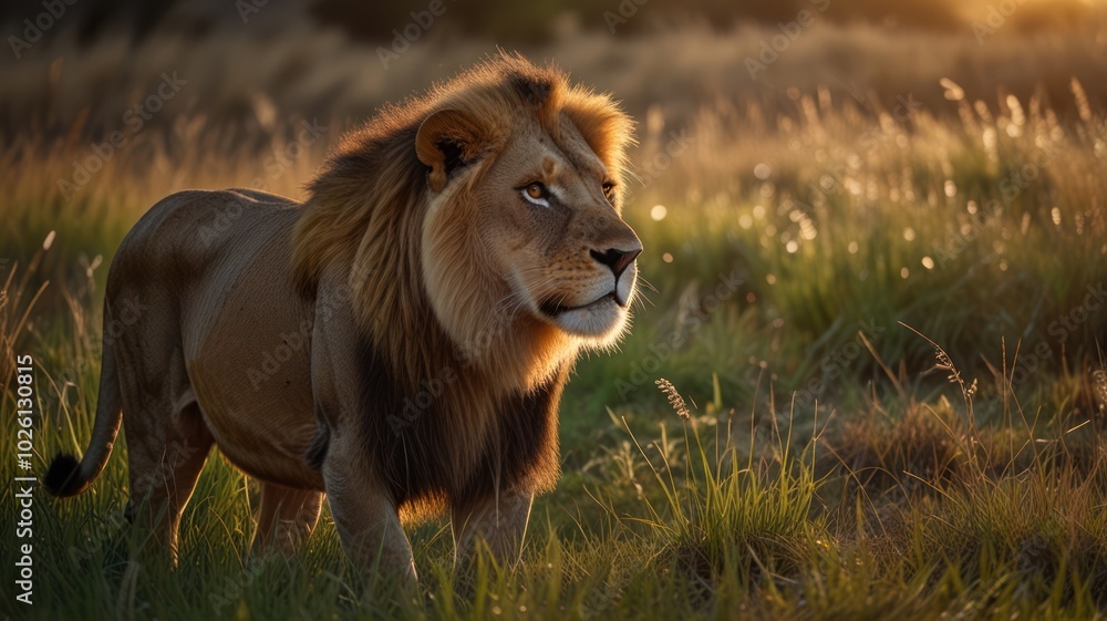Obraz premium A majestic male lion stands in a field of tall grass, bathed in the golden light of the setting sun. The lion's mane is thick and dark, and his eyes are focused on something in the distance.