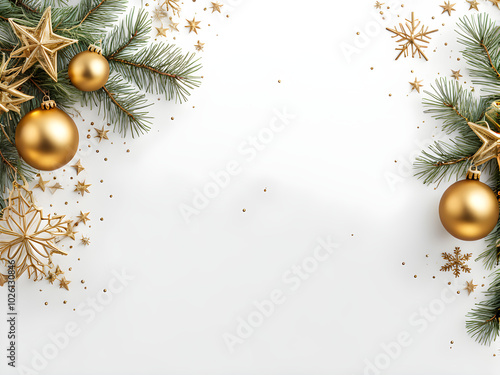 Christmas Border - tree branches with golden baubles, stars, snowflakes isolated on white, horizontal banner photo