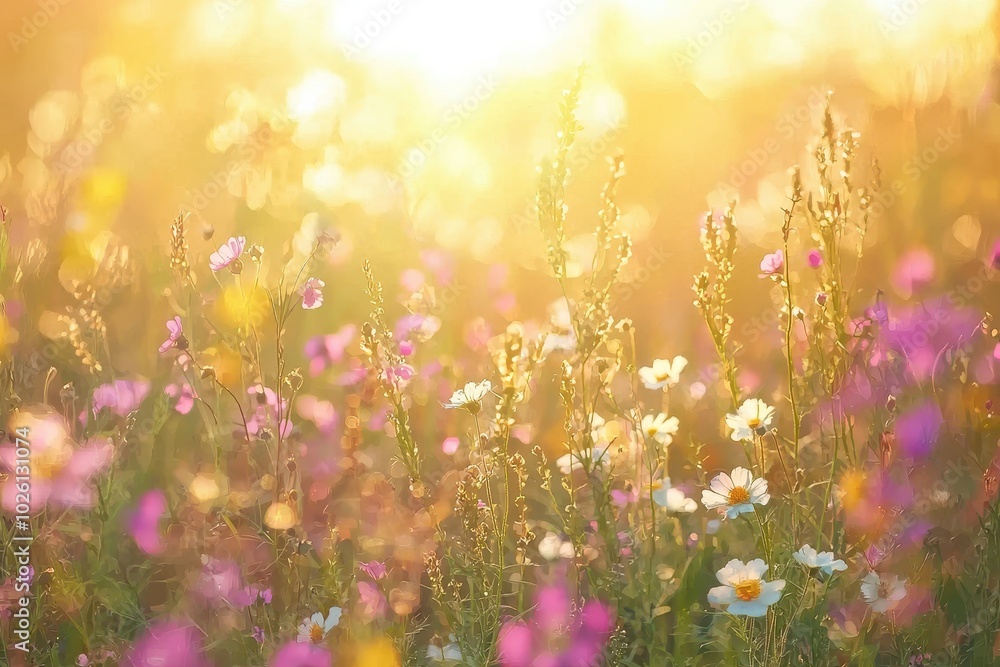 Fototapeta premium Sunlit Meadow with Colorful Wildflowers in Breeze