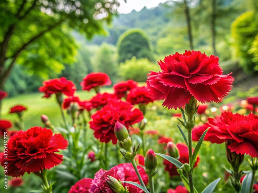 Red Turkish Carnation Blooming in Green Garden - Double Exposure Photography for Plant Lovers Red Turkish Carnation Blooming in Green Garden - Double Exposure Photography for Plant Lovers