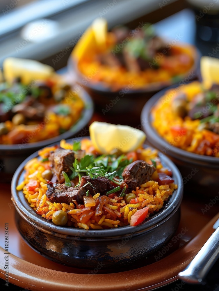 Bowls of colorful paella with vegetables, meat, and lemon wedges. Spanish cuisine and traditional dish concept. Bowls of colorful paella with vegetables, meat, and lemon wedges. Spanish cuisine and traditional dish concept.