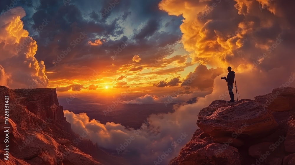 A photographer capturing heavenly landscapes, with glowing clouds and beautiful radiant skies as his backdrop A photographer capturing heavenly landscapes, with glowing clouds and beautiful radiant skies as his backdrop