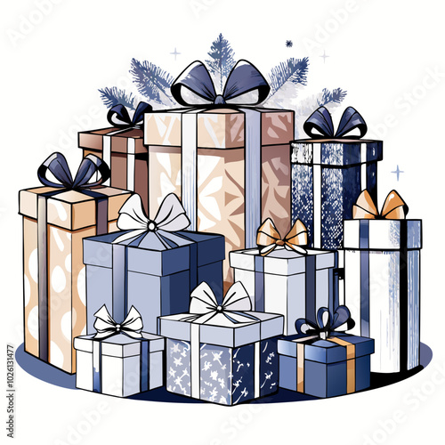 Colorful stack of beautifully wrapped gift boxes with bows on a white background