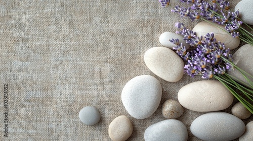 Lavender Flowers and Smooth Stones on a Textured Fabric Background