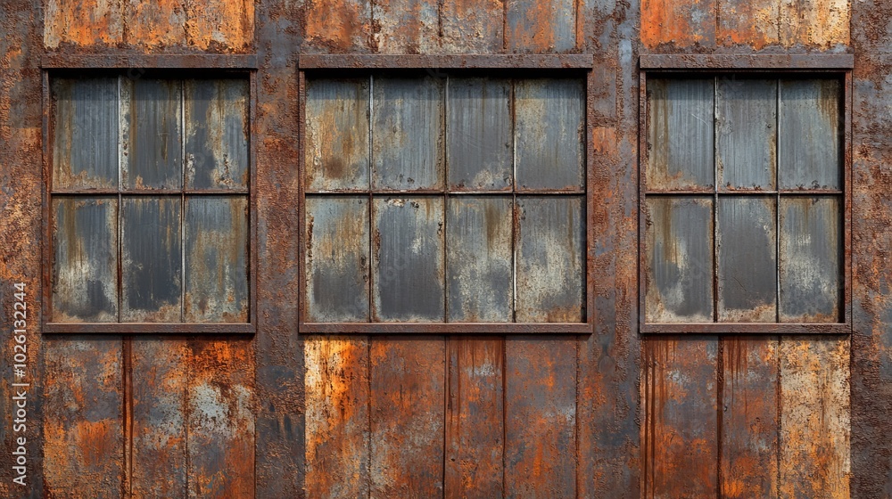 Weathered Rusty Metal Wall with Old Windows in an Industrial Setting Weathered Rusty Metal Wall with Old Windows in an Industrial Setting