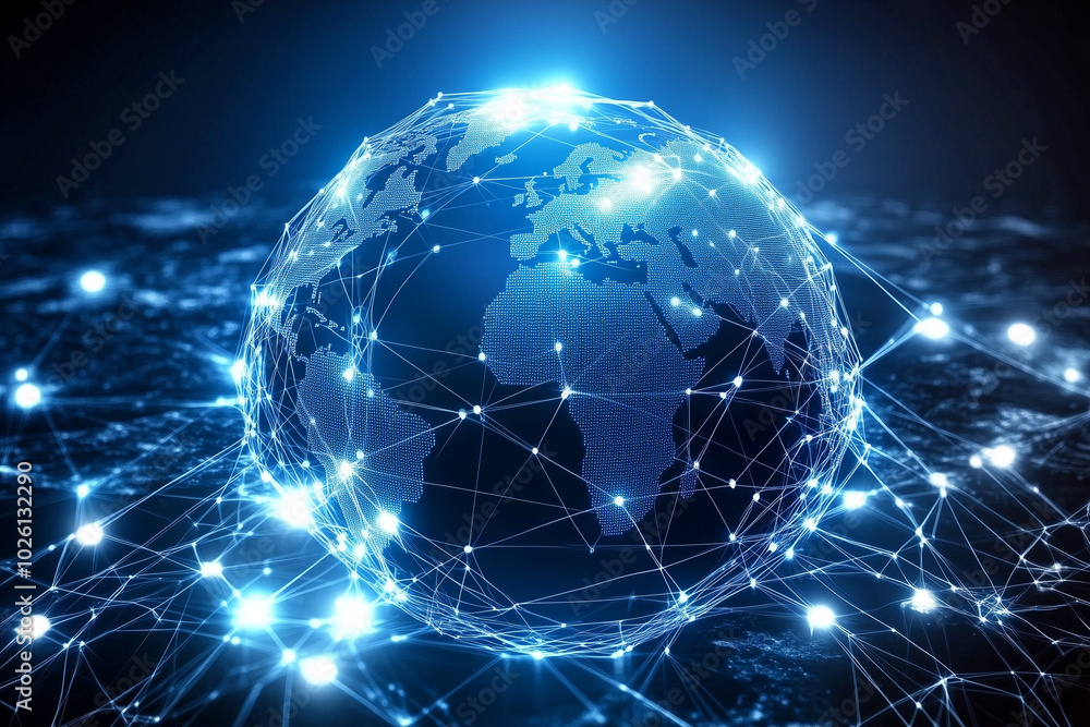 globe is sitting on a black surface with a network of lines surrounding it. The globe is clear and the lines are bright and colorful globe is sitting on a black surface with a network of lines surrounding it. The globe is clear and the lines are bright and colorful