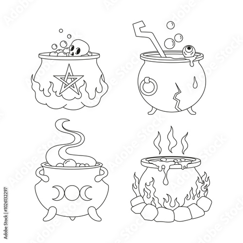 Halloween. Witches cauldrons with potion. Set. Simple vector illustration. Coloring.