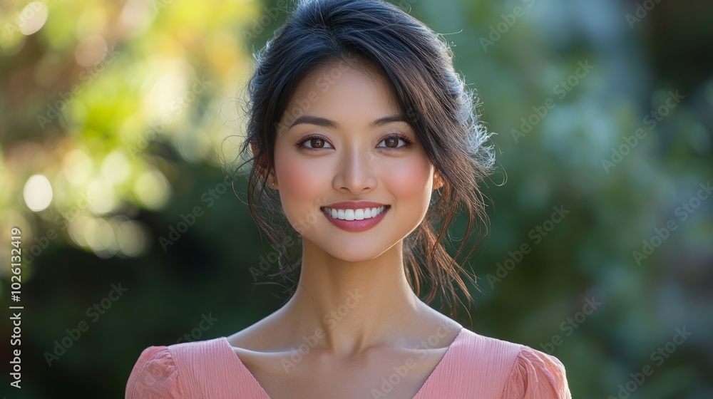 A young Asian woman smiles brightly, with a soft pink dress and a natural, glowing complexion, against a green and golden bokeh background. A young Asian woman smiles brightly, with a soft pink dress and a natural, glowing complexion, against a green and golden bokeh background.