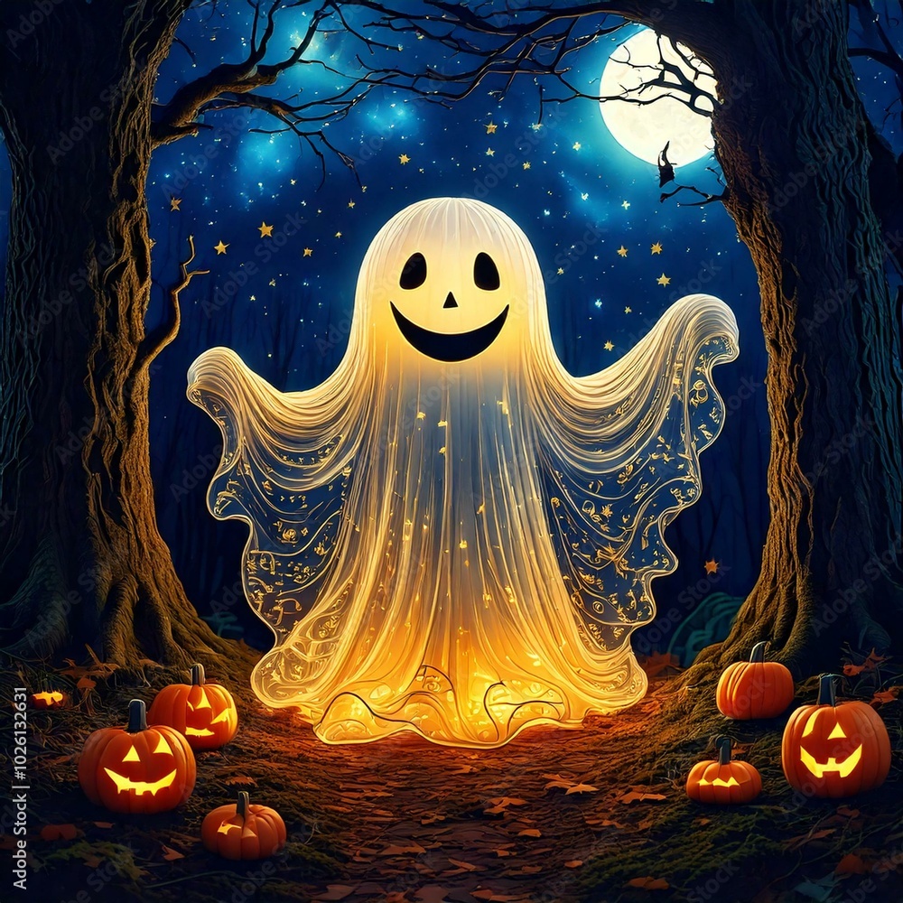 Flying ghosts are haunting Halloween night with a smile Flying ghosts are haunting Halloween night with a smile