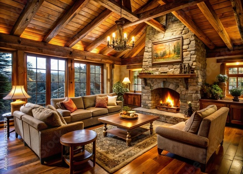 Wallpaper Mural Rustic Cabin Living Room with Exposed Beams - Cozy Interior Design Inspiration Torontodigital.ca