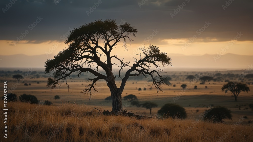 Obraz premium A lone tree stands silhouetted against a dramatic sunset over the African savanna.