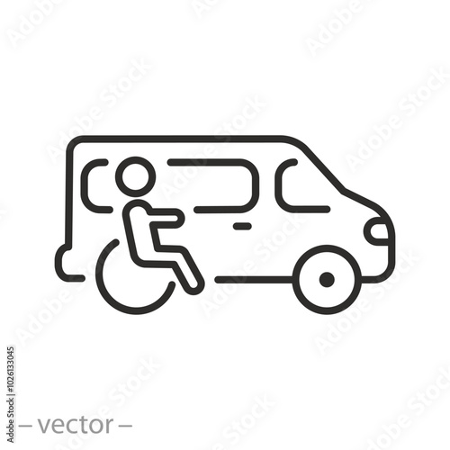 transportation of disabled persons icon, special transport for man in wheelchair, van for disability, thin line vector illustration