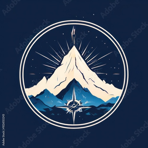 A stylized mountain logo featuring peaks and a compass design, emphasizing adventure and exploration. photo