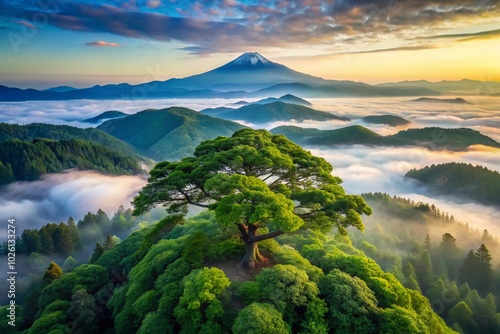 Sacred Japanese Tree on Mount Haguro - Serene Drone Photography of Ancient Nature photo