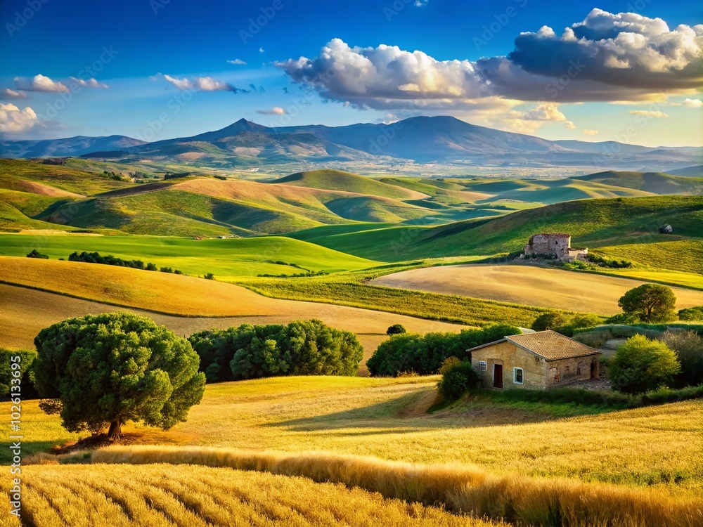 Obraz premium Scenic Agricultural Landscape of Sicily Island with Vibrant Colors and Lush Fields