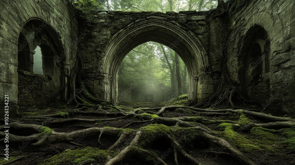 Ancient Stone Archway Overgrown With Roots and Moss in a Misty Forest Ancient Stone Archway Overgrown With Roots and Moss in a Misty Forest