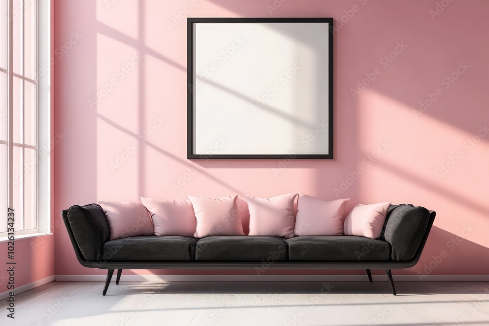 Fototapeta premium mockup living room with a black big sofa from the left to the right, pink wall and a big empty black frame in the center of the wall above the sofa, natural daylight from the left trough a window