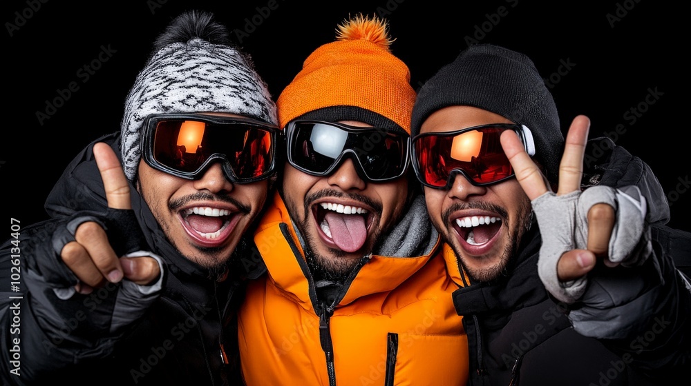 Ski Trip Buddies: Three cheerful men in vibrant ski gear, flashing peace signs and beaming smiles against a stark black background. A lively image perfect for travel, adventure. Ski Trip Buddies: Three cheerful men in vibrant ski gear, flashing peace signs and beaming smiles against a stark black background. A lively image perfect for travel, adventure.