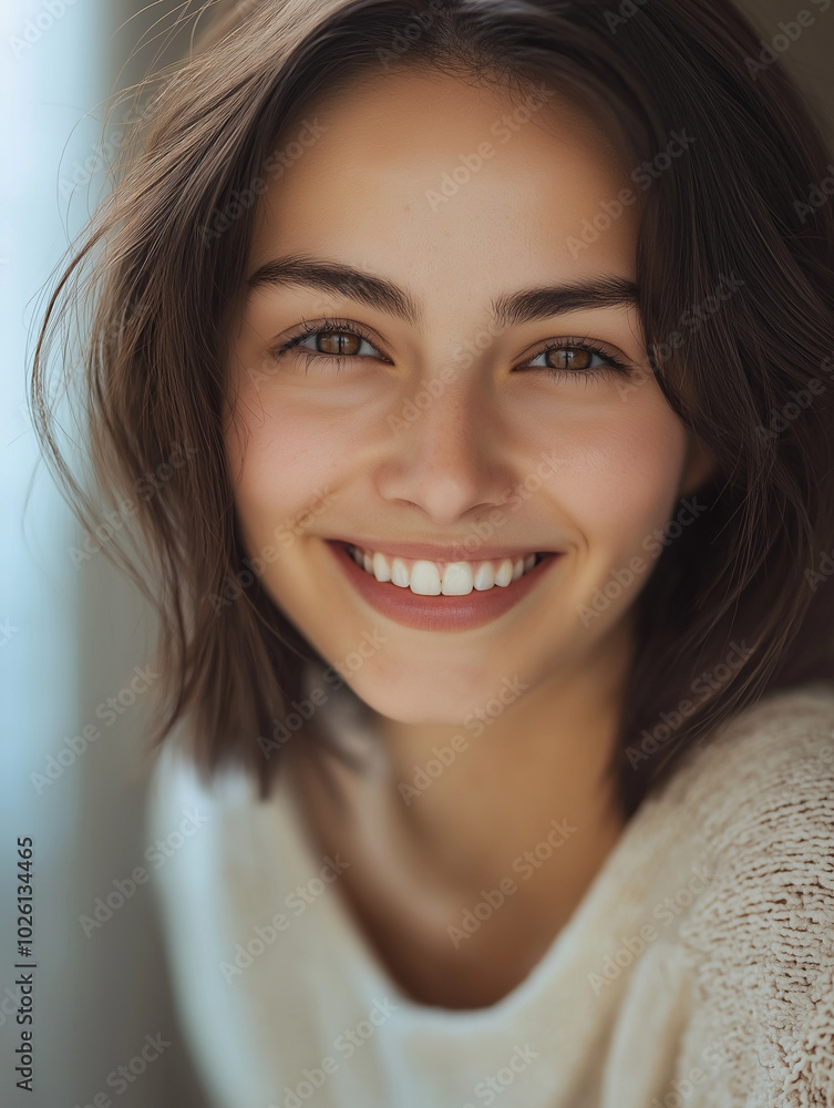 Smiling Woman in Warm Indoor Lighting, Close-Up Smiling Woman in Warm Indoor Lighting, Close-Up