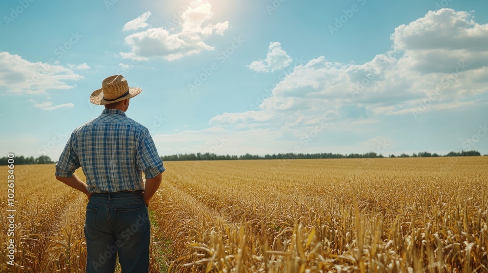 Farmer inspecting crops, open field, bright day, spacious composition Farmer inspecting crops, open field, bright day, spacious composition