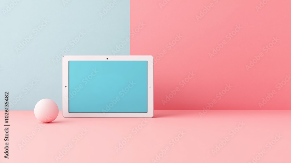 White tablet on pink and blue background with a pink sphere. White tablet on pink and blue background with a pink sphere.