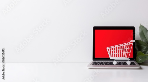 A laptop with a red screen and a miniature shopping cart on it, symbolizing online shopping.