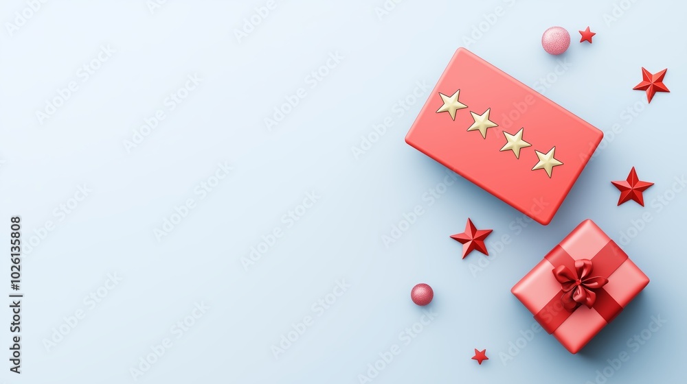 Red gift boxes with gold stars and red ribbon on a light blue background. Red gift boxes with gold stars and red ribbon on a light blue background.